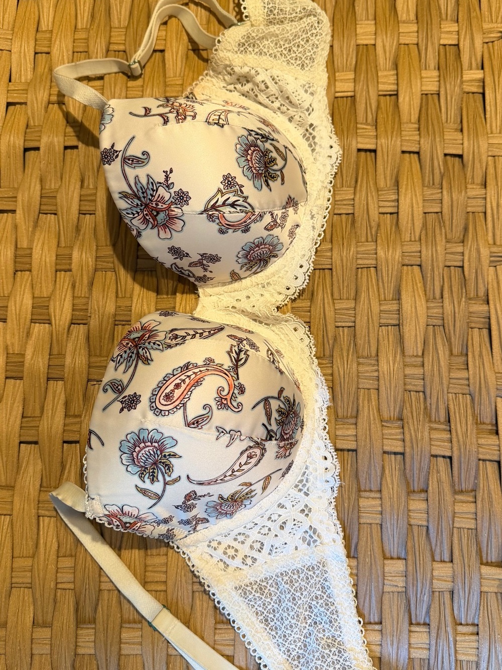 Victoria's Secret Cream Bra with Blue and Rust Paisley Print